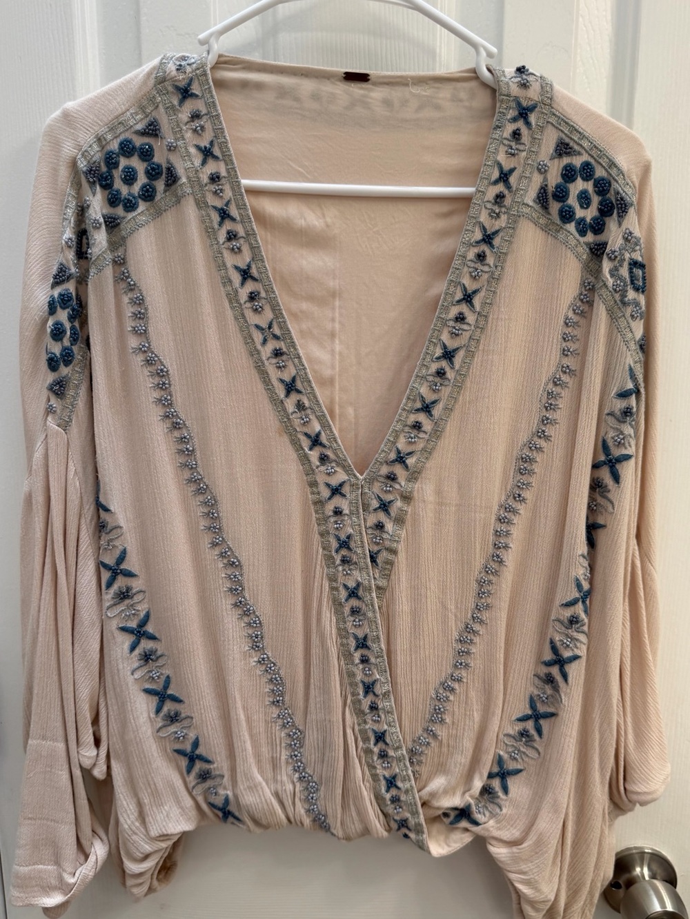 Free People Embroidered V-Neck Boho Top in Blush with Blue Accents